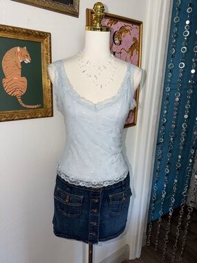 Vintage Y2K Lace Trim Sleeveless Camisole Top - Light Blue